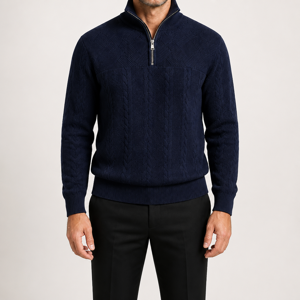 Harry | Mens Knit Pullover Shirt Retro Zip Casual Sweater, Navy