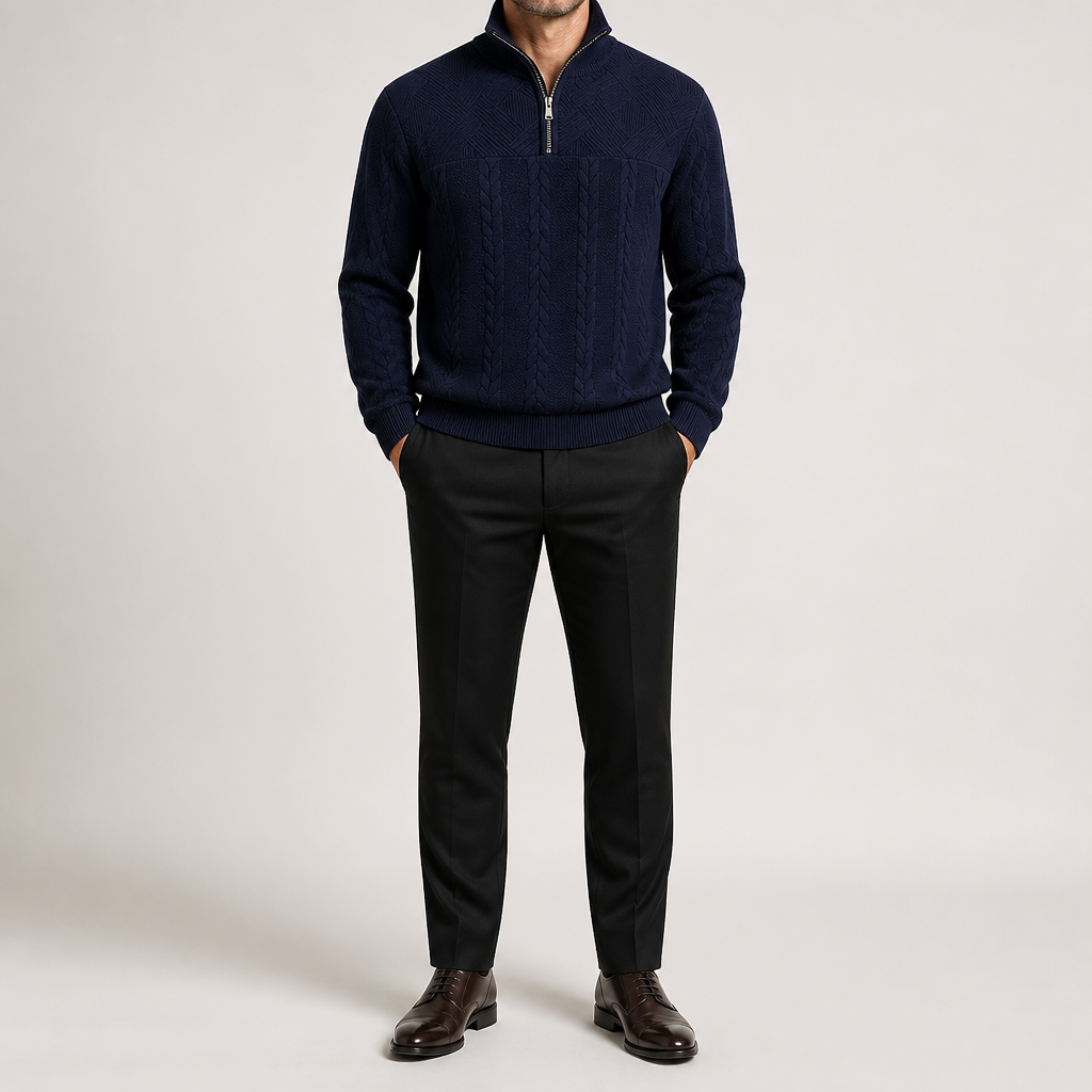Harry | Mens Knit Pullover Shirt Retro Zip Casual Sweater, Navy