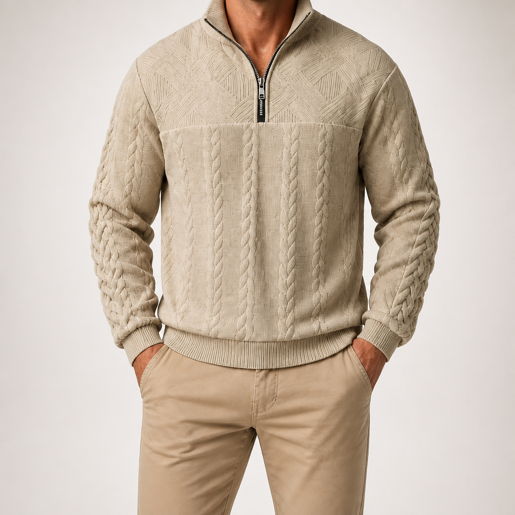 Harry | Mens Knit Pullover Shirt Retro Zip Casual Sweater, Khaki