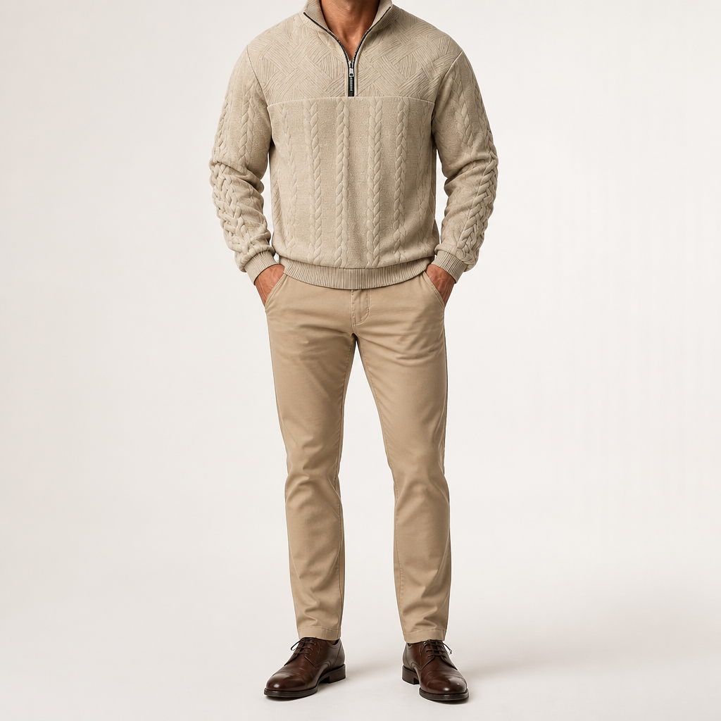 Harry | Mens Knit Pullover Shirt Retro Zip Casual Sweater, Khaki