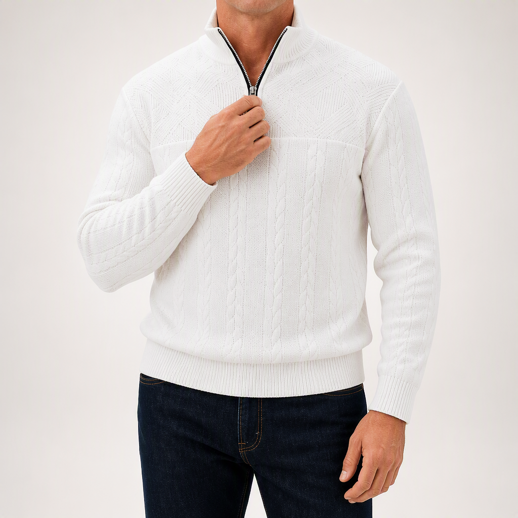 Harry | Mens Knit Pullover Shirt Retro Zip Casual Sweater, White