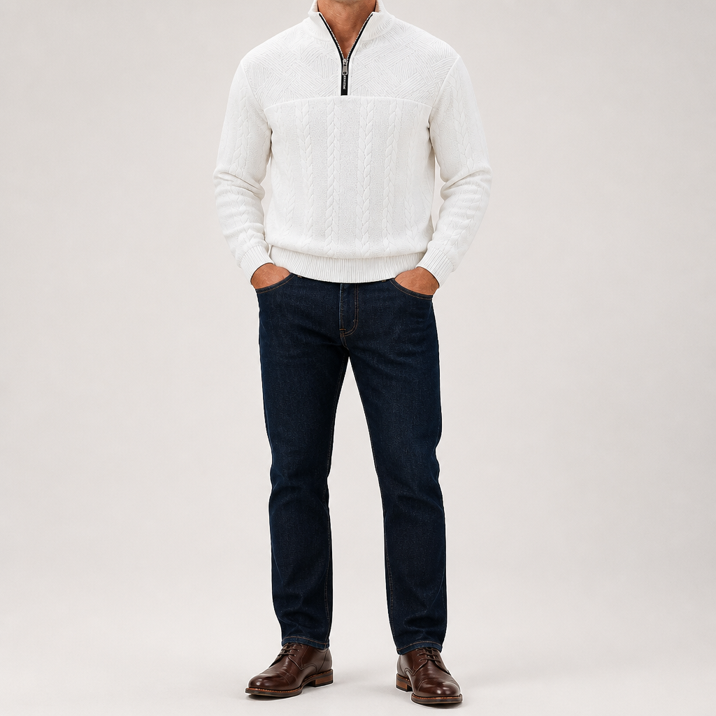 Harry | Mens Knit Pullover Shirt Retro Zip Casual Sweater, White