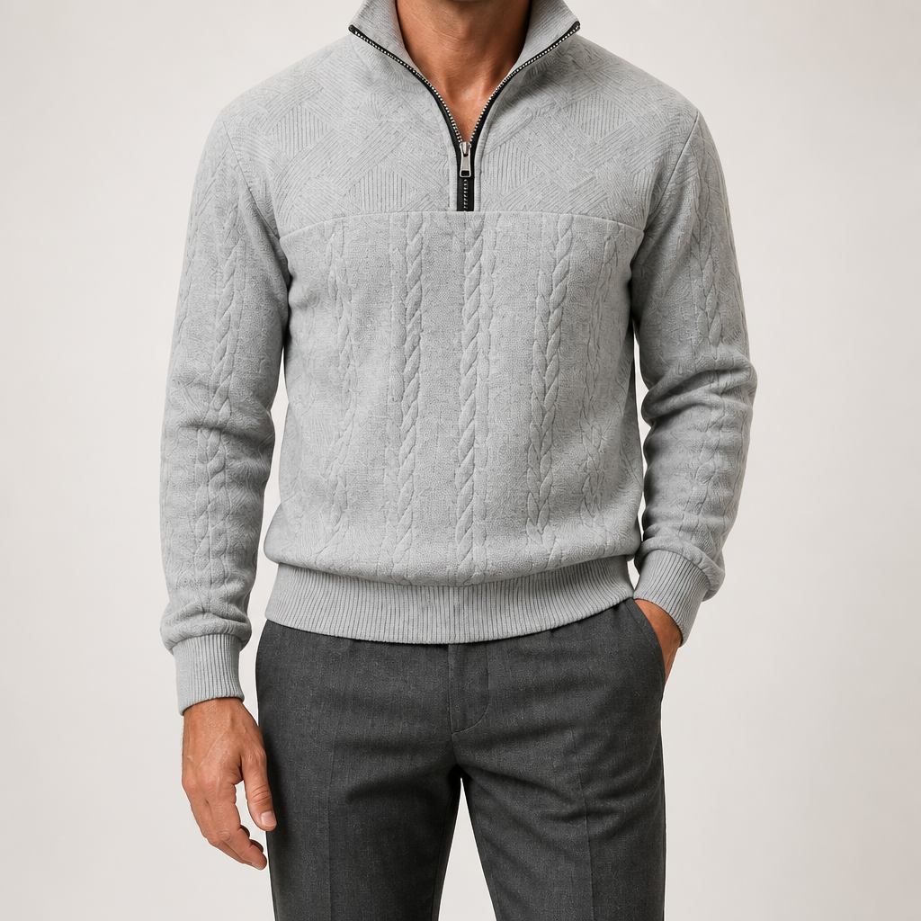 Harry | Mens Knit Pullover Shirt Retro Zip Casual Sweater, Light Grey