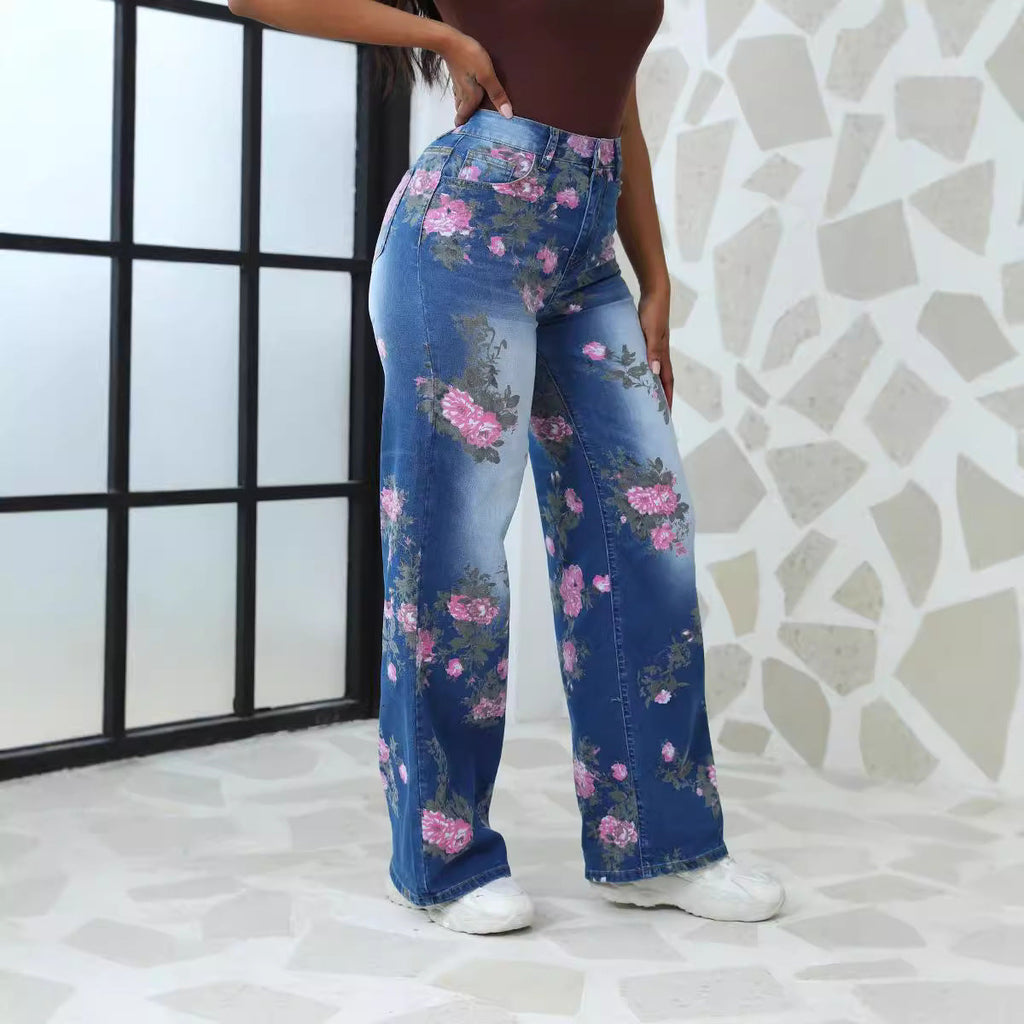 Haven | Womens Straight Leg Jeans High Waisted Printed Casual Denim Pants