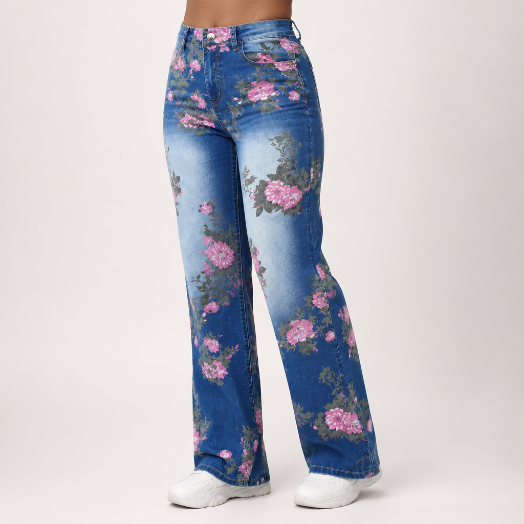 Haven | Womens Straight Leg Jeans High Waisted Printed Casual Denim Pants, Blue