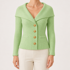 Henrietta | Womens Tweed Knit Fitted Waist Jacket Cardigan, Green