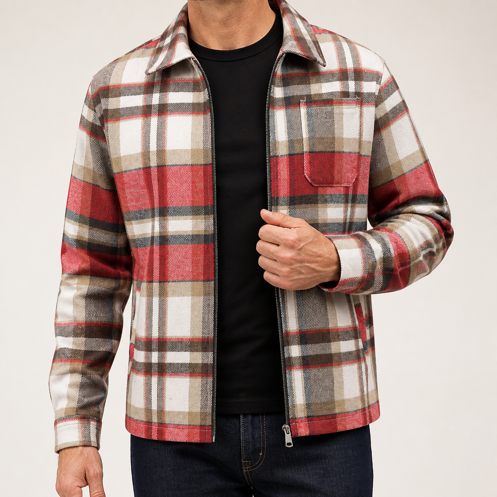 Holden | Mens Plaid Colorblock Full Zip Up Winter Overshirt Shirt Jacket, Brick Red