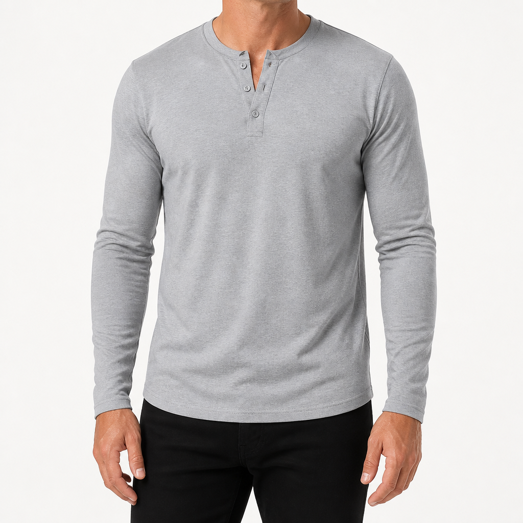 Holt | Mens Henley Long Sleeve Vintage Fitted Cotton Top, Light Grey