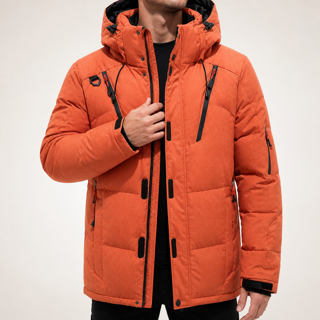Ike | Mens Hooded Padded Warm Winter Puffer Coat Outdoor Jacket, Orange