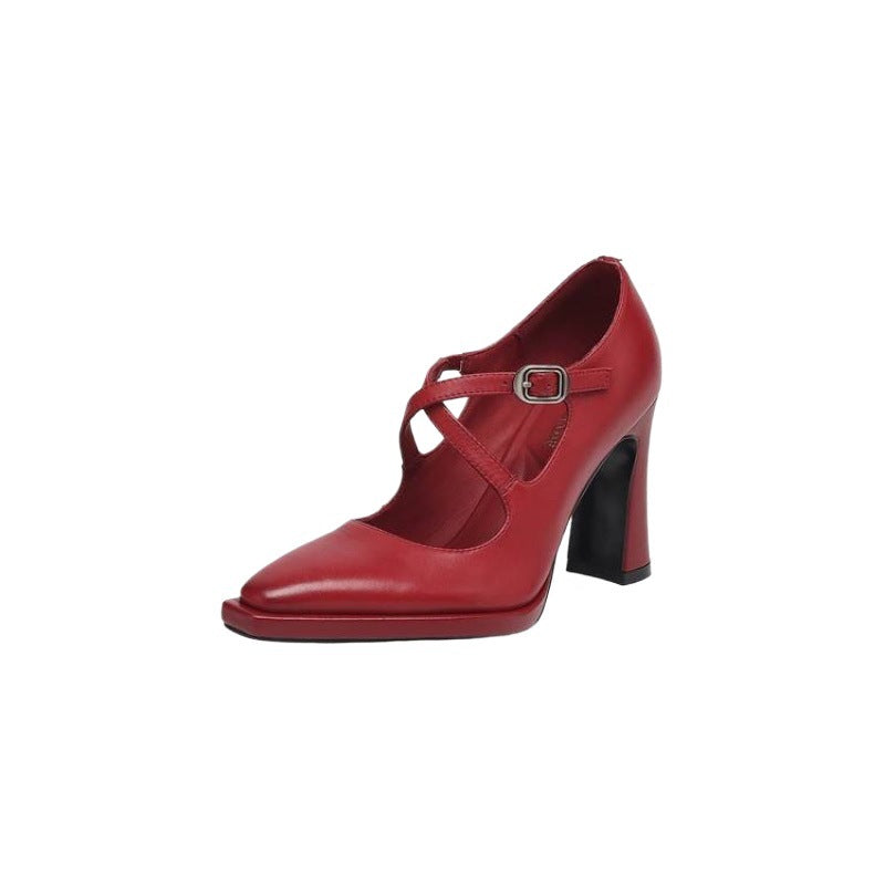Inez | Womens Pointed Toe High Heels Chunky Heel Buckle Pumps