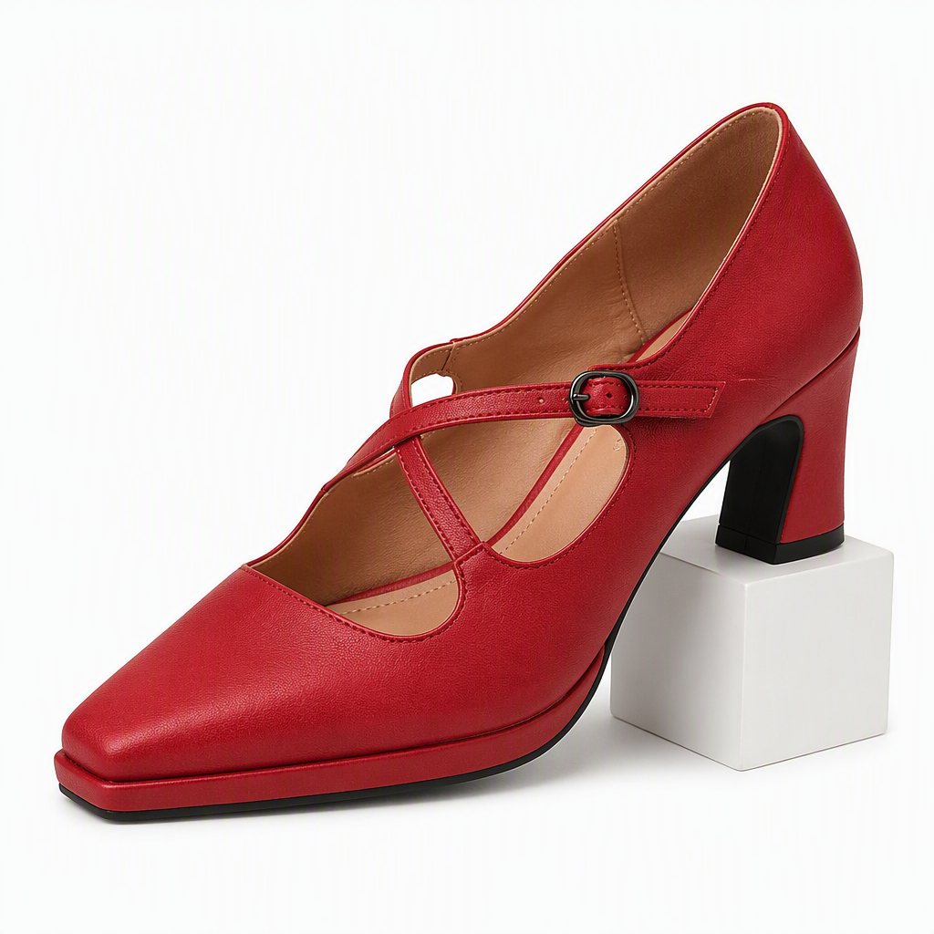 Inez | Womens Pointed Toe High Heels Chunky Heel Buckle Pumps