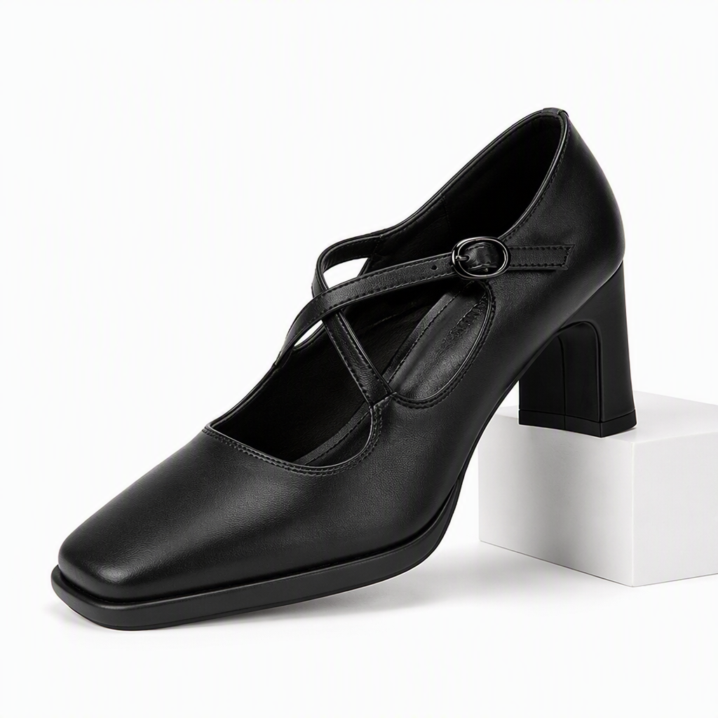Inez | Womens Pointed Toe High Heels Chunky Heel Buckle Pumps