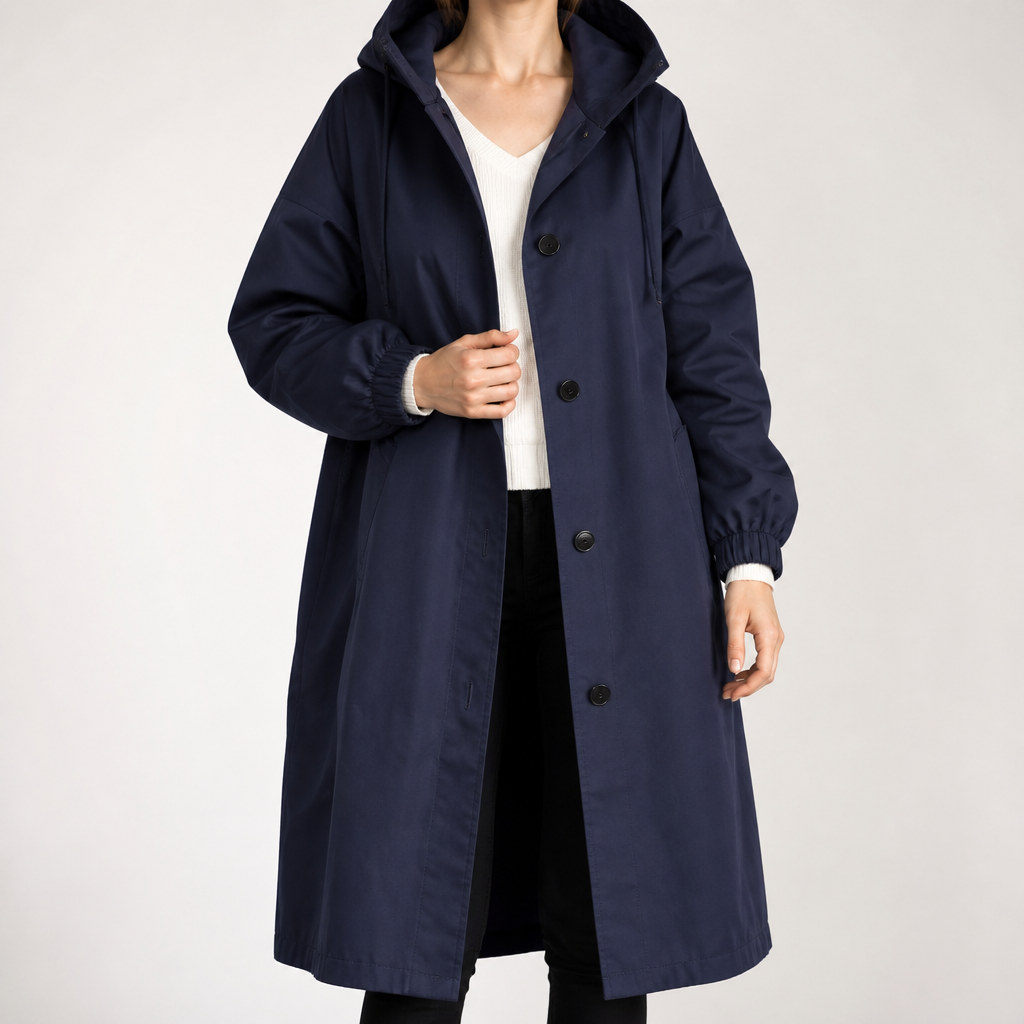 Irene | Womens Trench Coat Windbreaker Classic Mid Length Jacket, Navy Blue