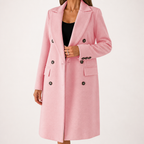 Iris | Womens Double Breasted Lapel Black Long Red Coat, Pink