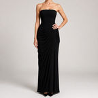 Isabelle | Womens Strapless Wedding Guest Maxi Dress Pleated Side Slit Formal Summer Gown, Black