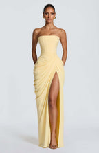 Isabelle | Womens Strapless Wedding Guest Maxi Dress Pleated Side Slit Formal Summer Gown
