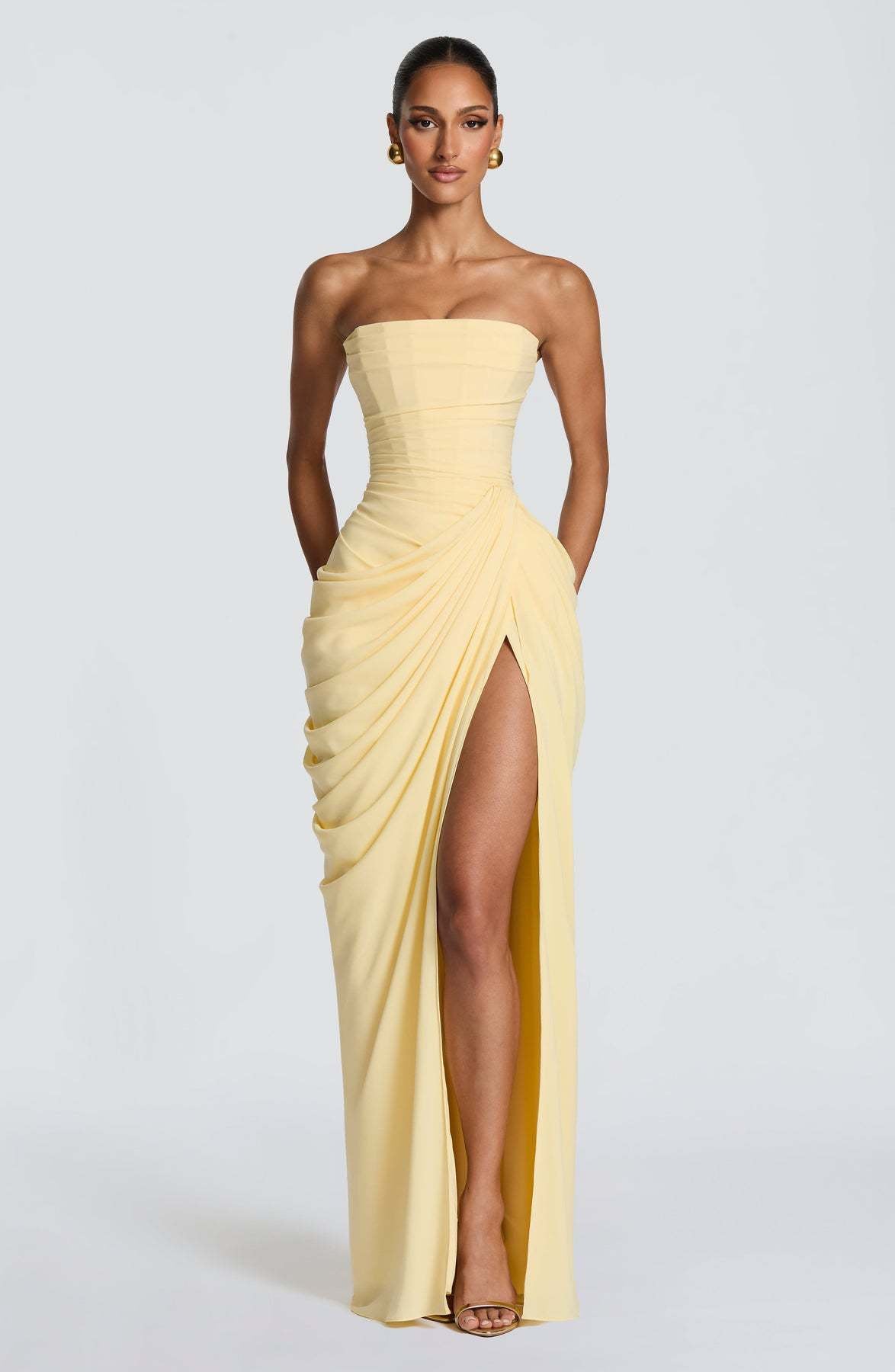 Isabelle | Womens Strapless Wedding Guest Maxi Dress Pleated Side Slit Formal Summer Gown