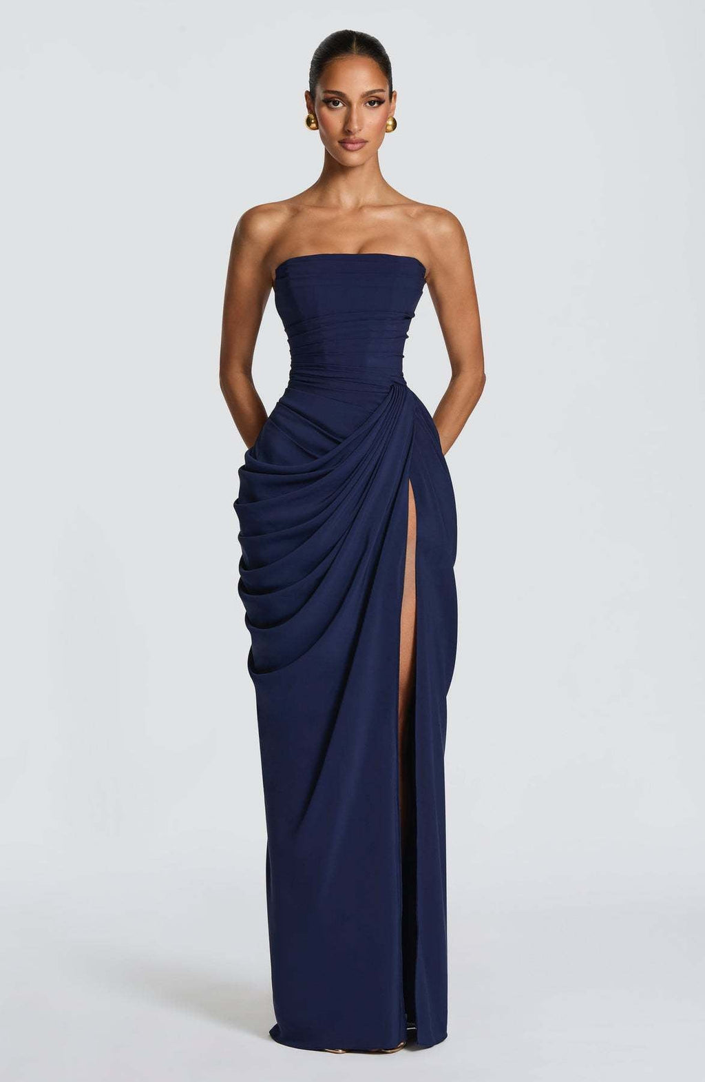 Isabelle | Womens Strapless Wedding Guest Maxi Dress Pleated Side Slit Formal Summer Gown