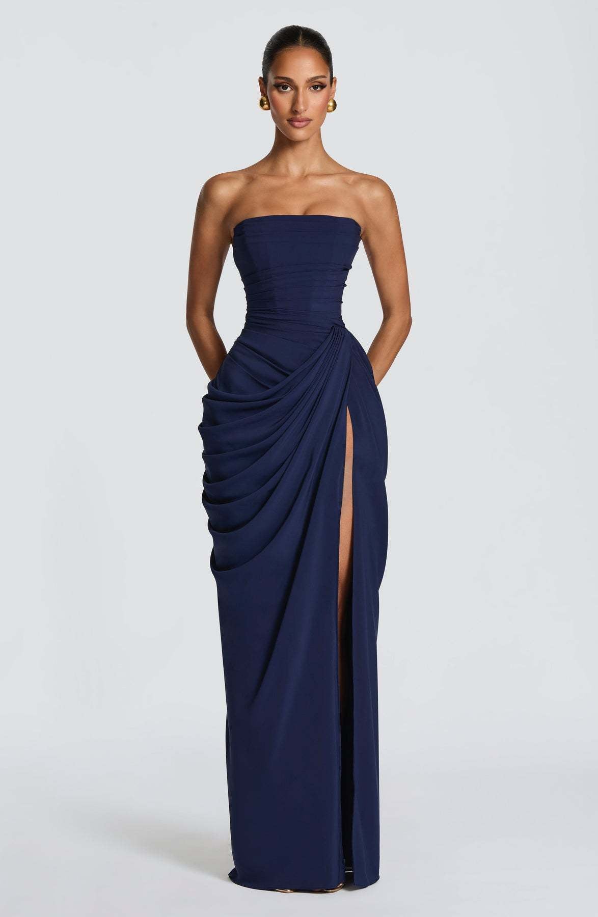 Isabelle | Womens Strapless Wedding Guest Maxi Dress Pleated Side Slit Formal Summer Gown