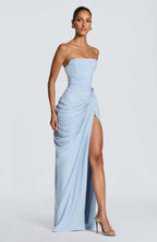 Isabelle | Womens Strapless Wedding Guest Maxi Dress Pleated Side Slit Formal Summer Gown