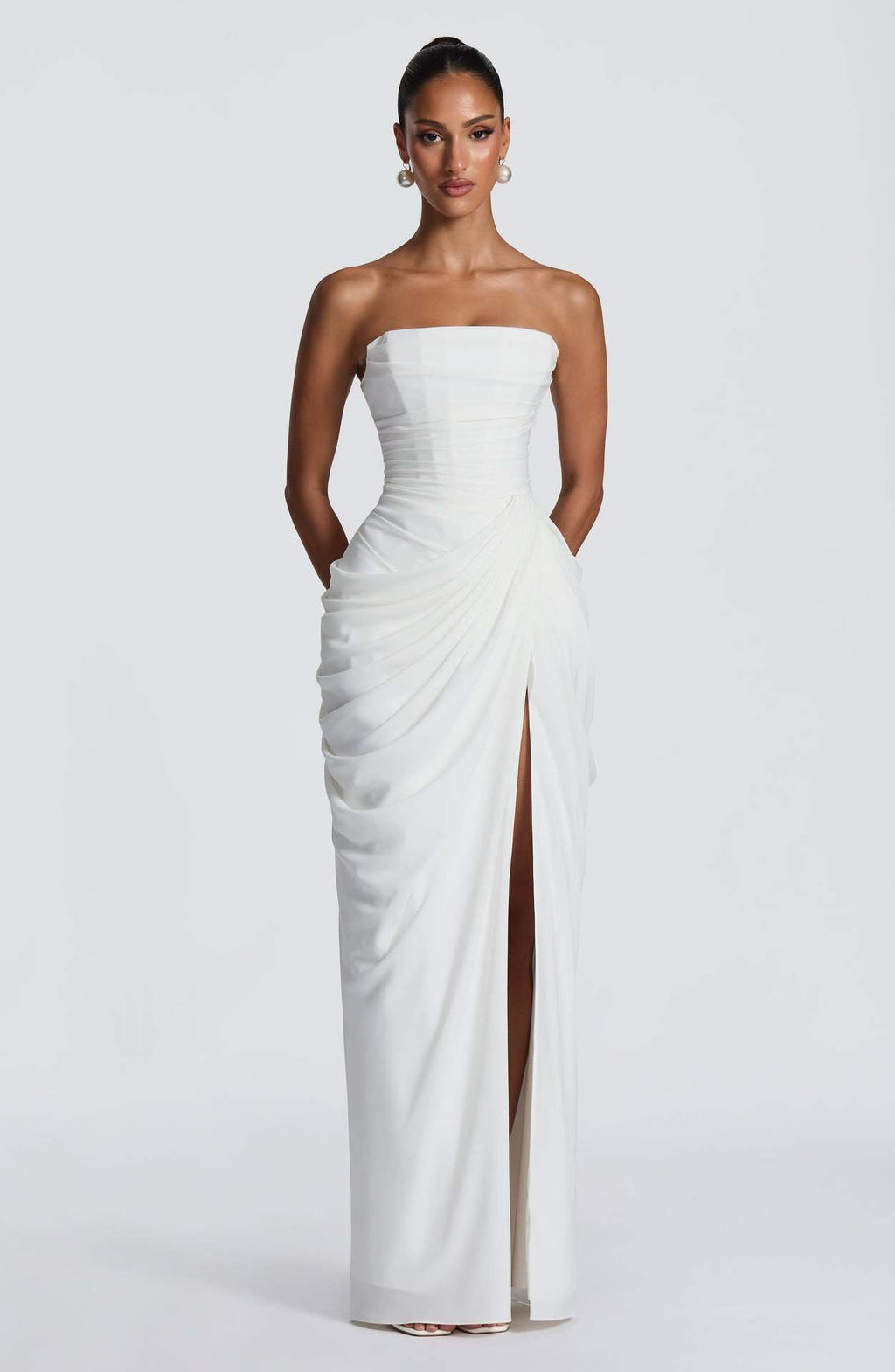 Isabelle | Womens Strapless Wedding Guest Maxi Dress Pleated Side Slit Formal Summer Gown