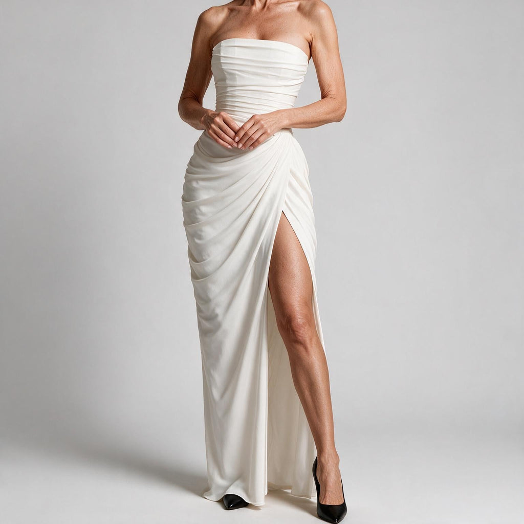 Isabelle | Womens Strapless Wedding Guest Maxi Dress Pleated Side Slit Formal Summer Gown