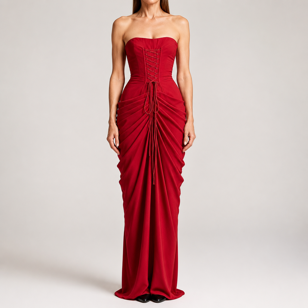 Isabelle | Womens Strapless Wedding Guest Maxi Dress Pleated Side Slit Formal Summer Gown, Wine Red