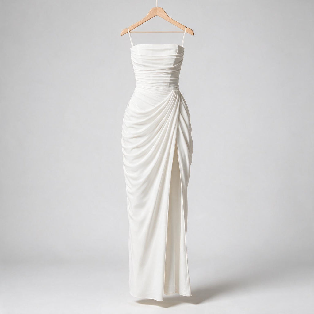 Isabelle | Womens Strapless Wedding Guest Maxi Dress Pleated Side Slit Formal Summer Gown