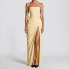 Isabelle | Womens Strapless Wedding Guest Maxi Dress Pleated Side Slit Formal Summer Gown