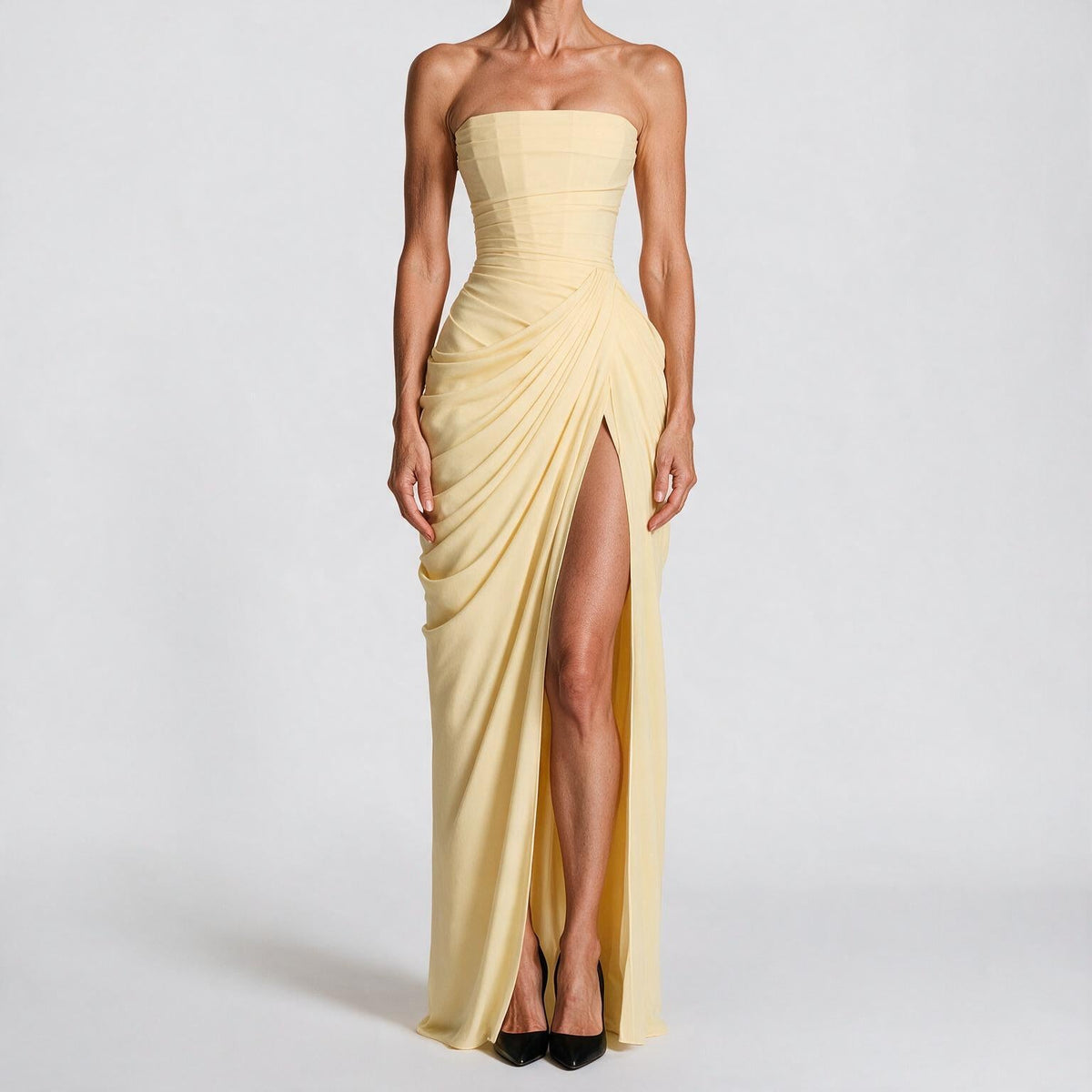 Isabelle | Womens Strapless Wedding Guest Maxi Dress Pleated Side Slit Formal Summer Gown
