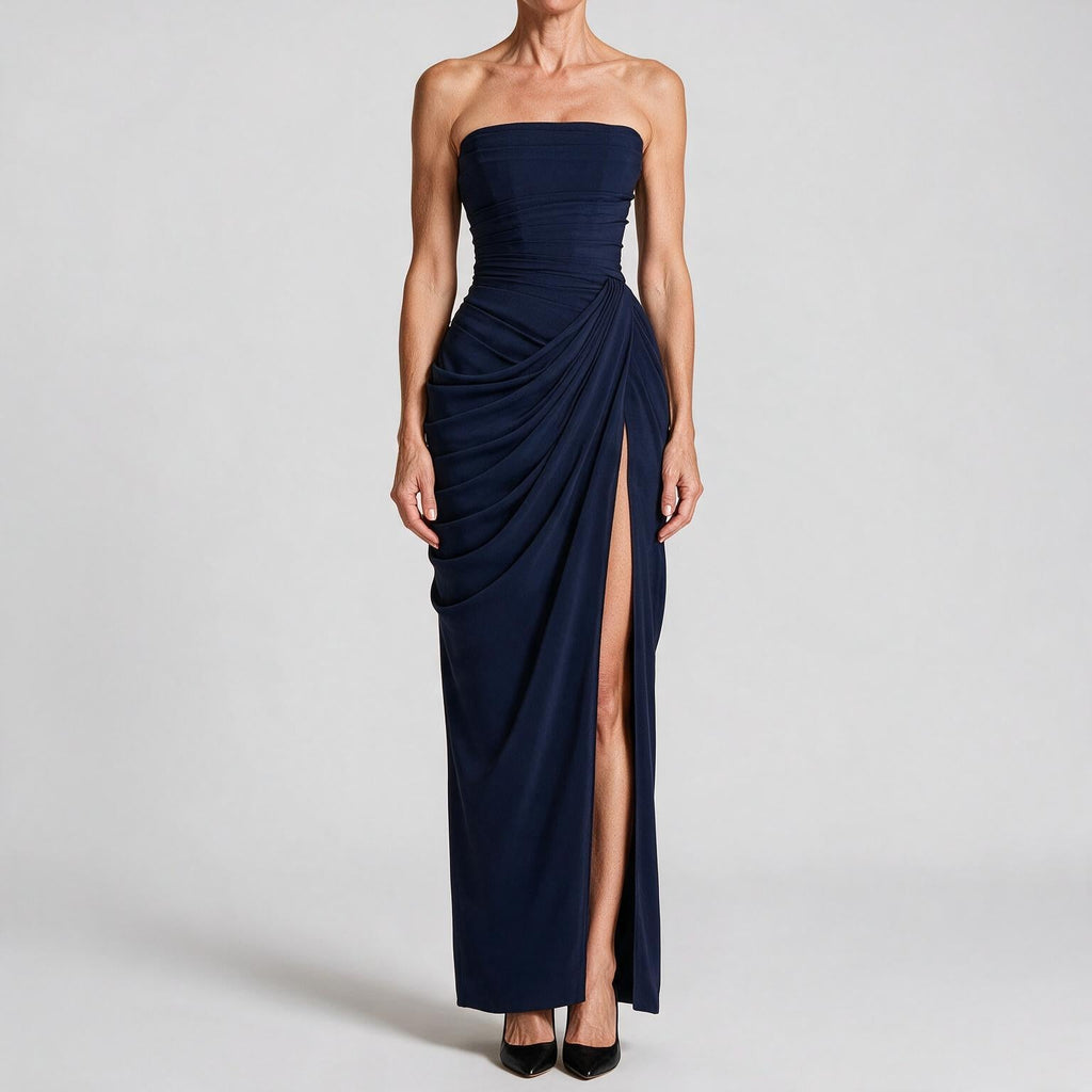 Isabelle | Womens Strapless Wedding Guest Maxi Dress Pleated Side Slit Formal Summer Gown