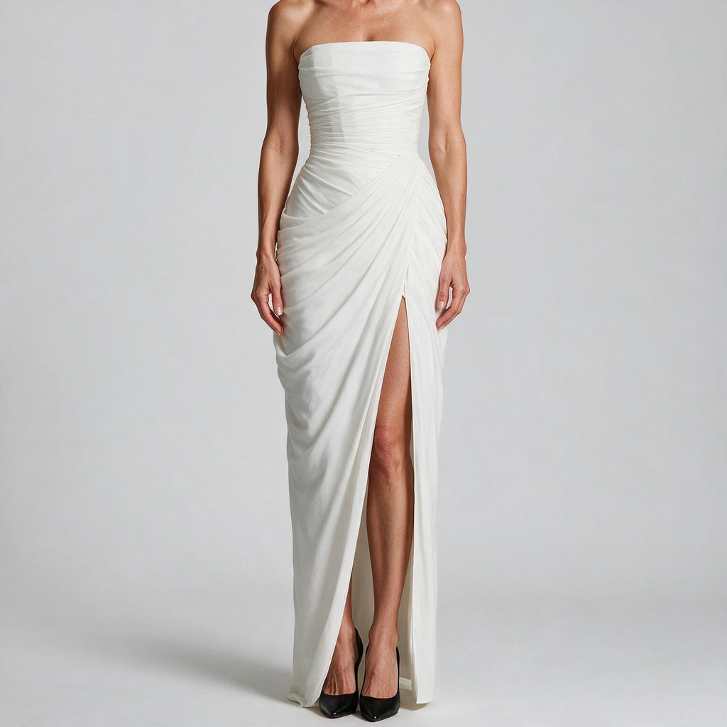 Isabelle | Womens Strapless Wedding Guest Maxi Dress Pleated Side Slit Formal Summer Gown
