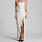 Isabelle | Womens Strapless Wedding Guest Maxi Dress Pleated Side Slit Formal Summer Gown