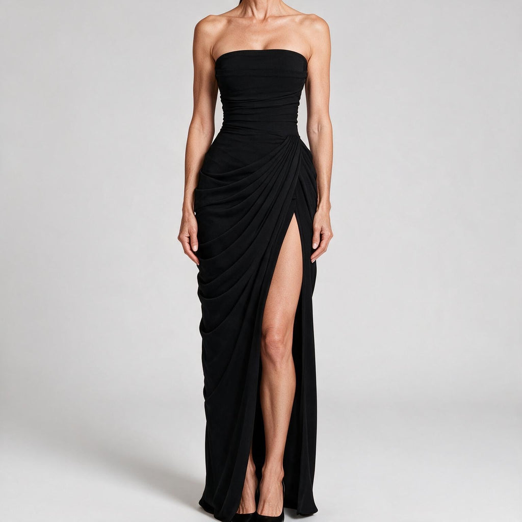 Isabelle | Womens Strapless Wedding Guest Maxi Dress Pleated Side Slit Formal Summer Gown