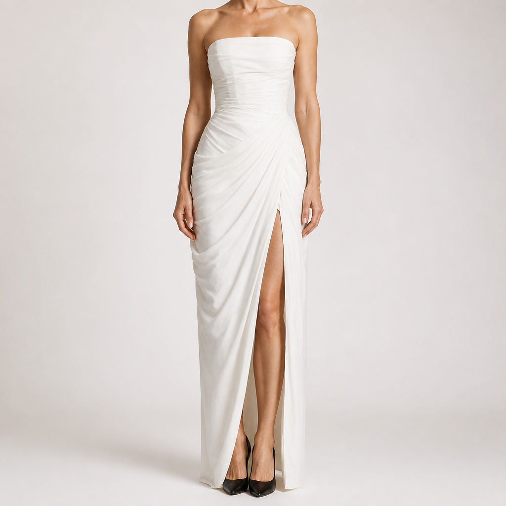 Isabelle | Womens Strapless Wedding Guest Maxi Dress Pleated Side Slit Formal Summer Gown, White