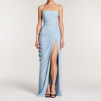 Isabelle | Womens Strapless Wedding Guest Maxi Dress Pleated Side Slit Formal Summer Gown, Light Blue