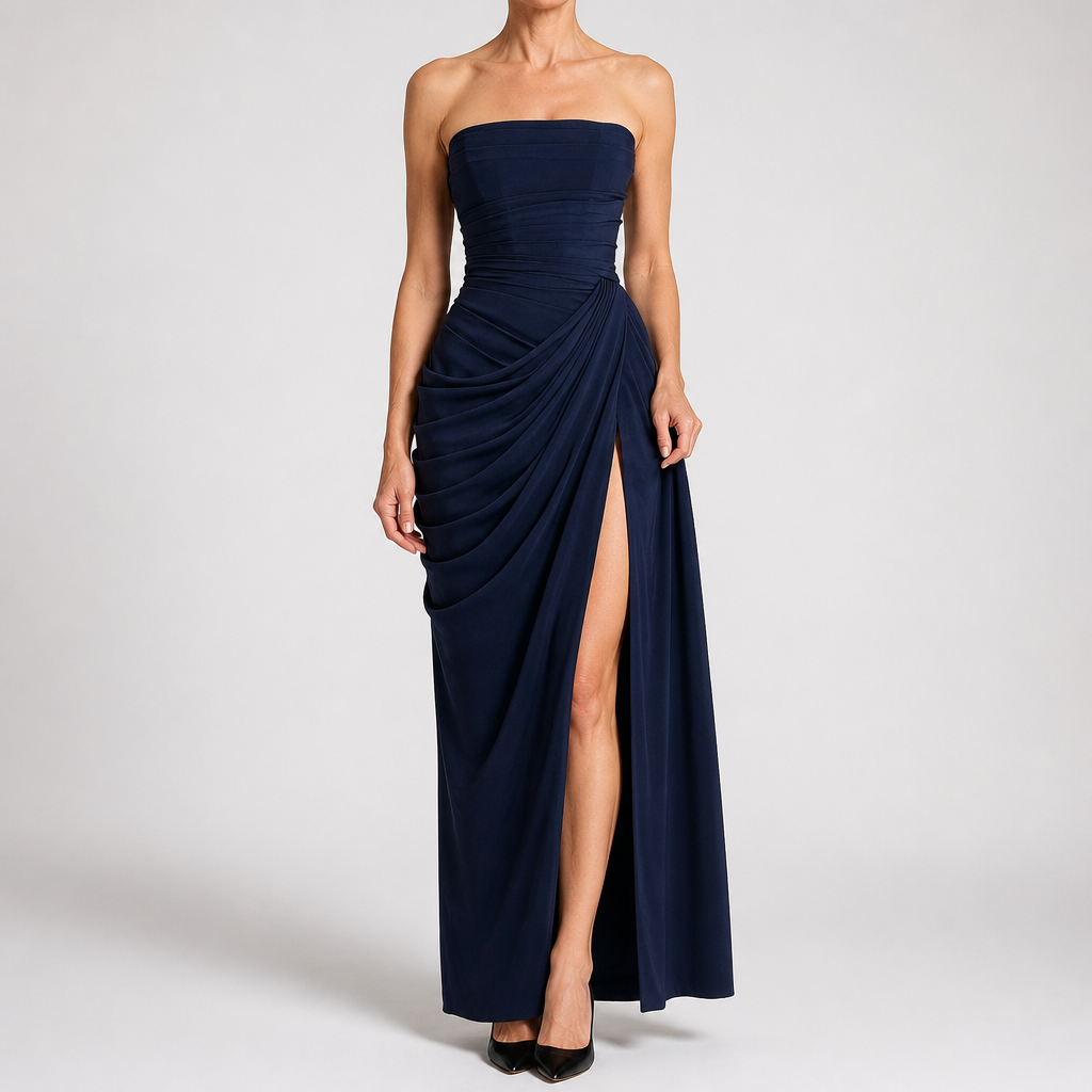 Isabelle | Womens Strapless Wedding Guest Maxi Dress Pleated Side Slit Formal Summer Gown, Dark Blue