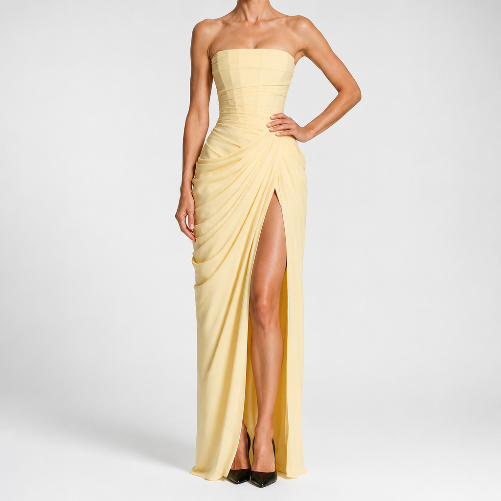 Isabelle | Womens Strapless Wedding Guest Maxi Dress Pleated Side Slit Formal Summer Gown, Light Yellow