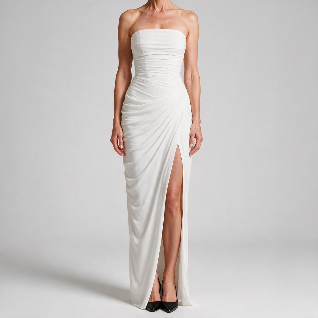 Isabelle | Womens Strapless Wedding Guest Maxi Dress Pleated Side Slit Formal Summer Gown