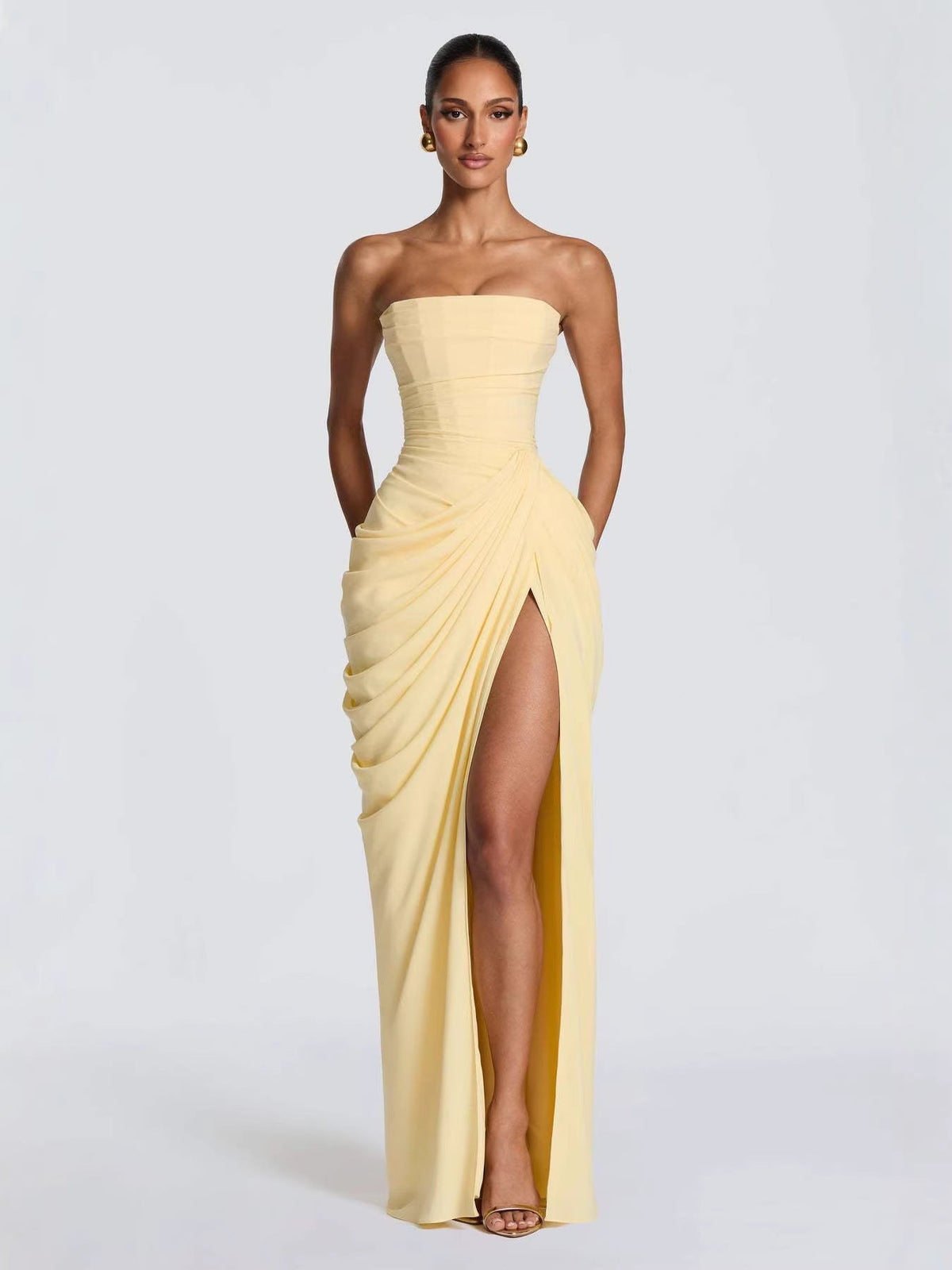 Isabelle | Womens Strapless Wedding Guest Maxi Dress Pleated Side Slit Formal Summer Gown