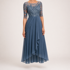 Isla | Womens Wedding Guest Dress Bridesmaid Cocktail Midi Lace Chiffon Dress, Blue