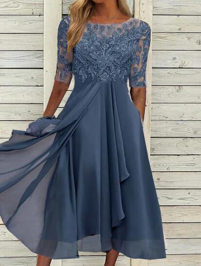 Isla | Chiffon Lace Wedding Guest Midi Dress Red Gold Champagne Bridesmaid - Blue