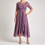 Isla | Womens Wedding Guest Dress Bridesmaid Cocktail Midi Lace Chiffon Dress, Purple