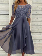 Isla | Chiffon Lace Wedding Guest Midi Dress Red Gold Champagne Bridesmaid - Purple