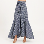 Isolde | Womens Plaid High Waisted Ruffle Mermaid Maxi Skirt, Navy