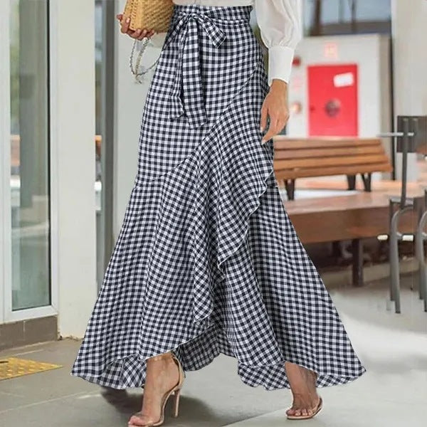 Isolde | Womens Plaid High Waisted Ruffle Mermaid Maxi Skirt - Navy