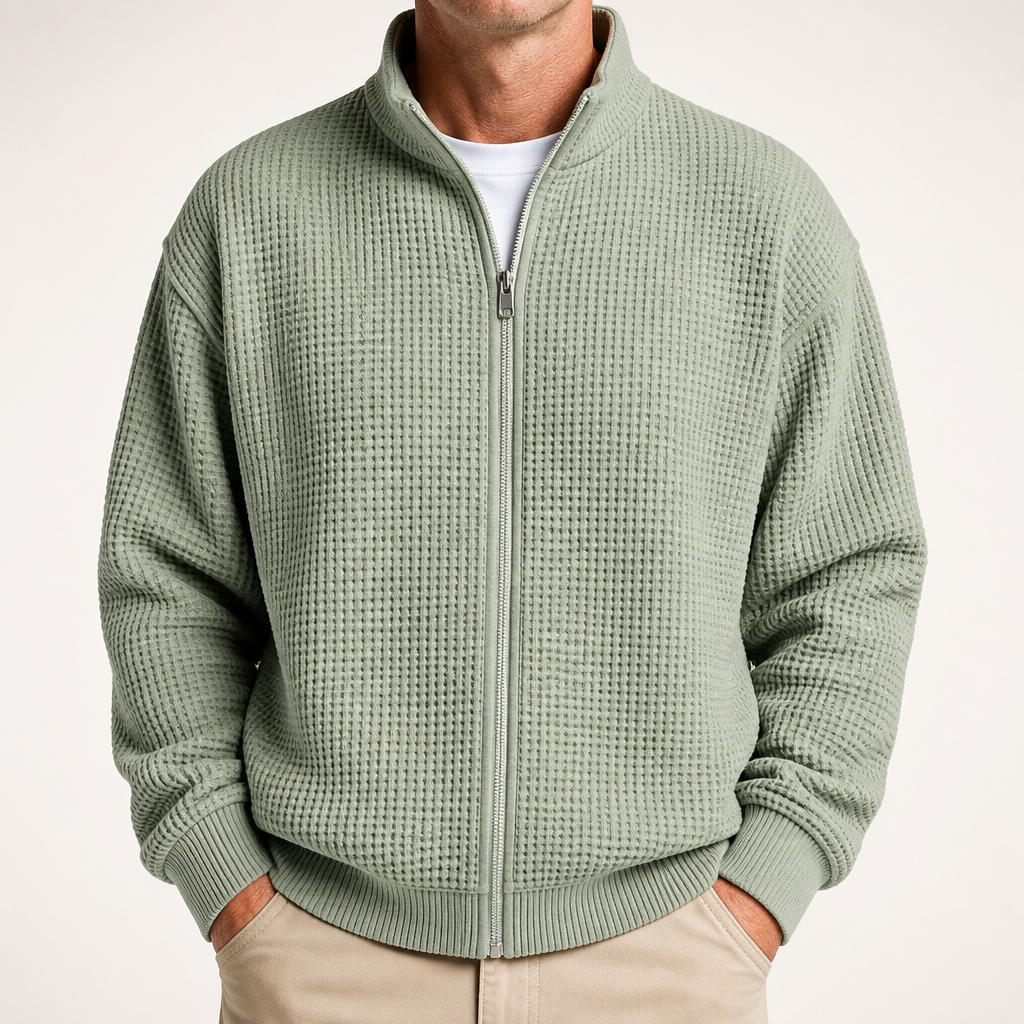Ivor | Mens Waffle Jacket Stand Collar Zip Up Casual Jacket, Light Green