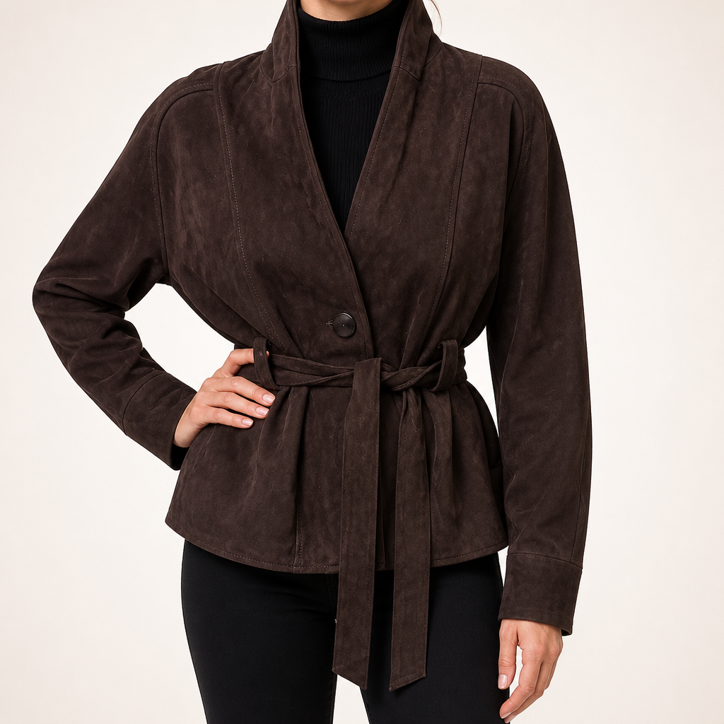 Ivy | Womens Faux Suede Belted Longline V Neck Fall Jacket Coat, Dark Brown