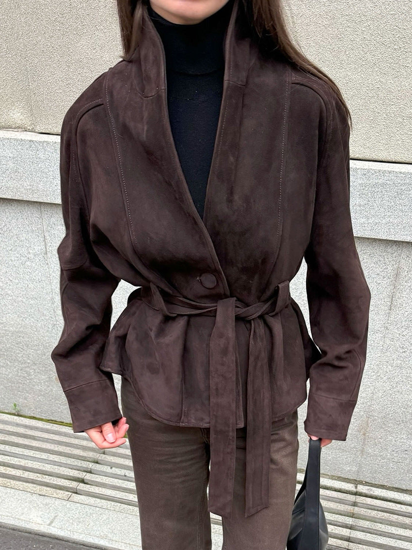 Ivy | Womens Faux Suede Belted Longline V Neck Fall Jacket Coat