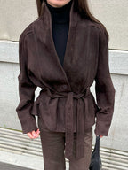 Ivy | Womens Faux Suede Belted Longline V Neck Fall Jacket Coat